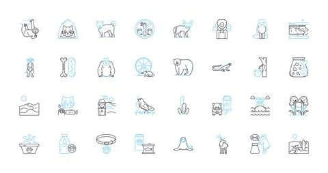 Adorable creatures linear icons set. Cuddly, Smiling, Fluffy, Playful, Furry Stock Illustration