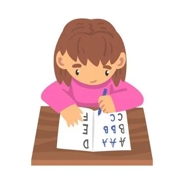 Adorable Cute Girl Learning to Write, Elementary School Student Making Homework Stock Illustration
