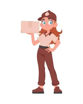 Adorable Delivery Girl with Parcel in Vector Cartoon Style. Female Courier in Stock Illustration