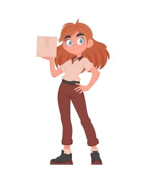Adorable Delivery Girl with Parcel in Vector Cartoon Style. Female Courier in Stock Illustration