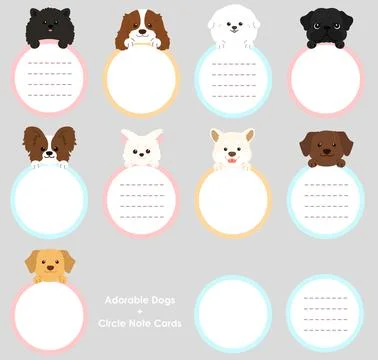 Adorable dogs' faces with front paws holding a circle note flat colored Stock Illustration