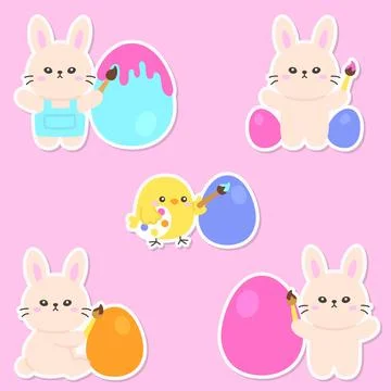 Adorable Easter Bunnies and Chicks Painting Colorful Eggs on a Pink Backgroun Illustrazione stock