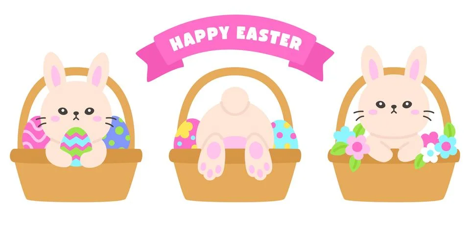 Adorable Easter Bunnies Sitting in Baskets with Flowers, Eggs, and a Happy .. Stock Illustration