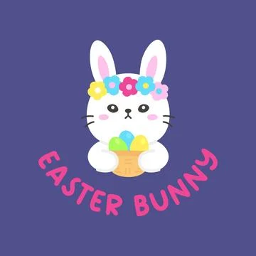 Adorable Easter Bunny Holding Basket of Eggs with Flower Crown Stock Illustration