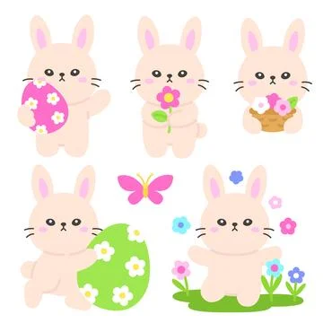 Adorable Easter Bunny Holding Painted Eggs and Flowers in a Spring Garden Stock Illustration
