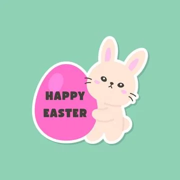Adorable Easter Bunny Hugging Pink Egg with Happy Easter Text Stock-Illustration