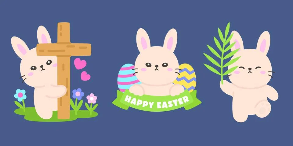 Adorable Easter Bunny Set with a Cross, Palm Leaf, and Decorated Eggs on a .. Illustrazione stock
