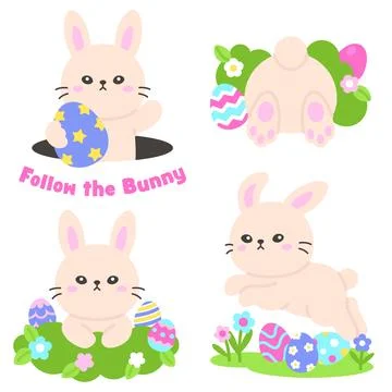 Adorable Easter Bunny in Spring Garden with Painted Eggs and Flowers Stock Illustration