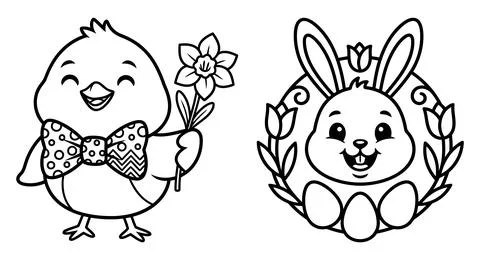 Adorable Easter Chick And Bunny Outline Coloring Clipart Set Stock Illustration