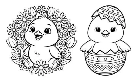 Adorable Easter Chick In Flowers And Egg Coloring Clipart Set Stock Illustration