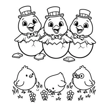 Adorable Easter Chicks In Eggshell Hats Coloring Clipart Collection Illustrazione stock
