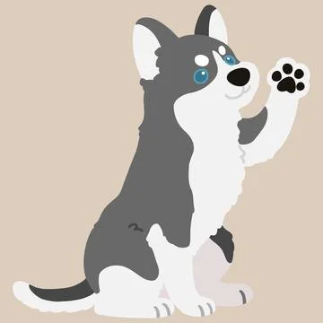 Adorable flat colored grey Husky dog sitting and waving hand illustration Stock Illustration