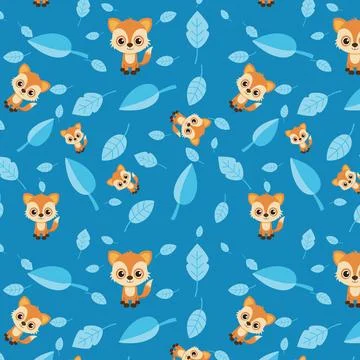 Adorable Fox and Leaf Seamless Pattern on Blue Background Stock Illustration