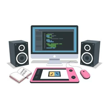 Adorable game developer desk with pastel drawing tablet Stock Illustration