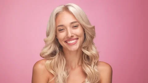 Adorable girly lady toothy smiling wellness isolated pastel color background Video stock 166094341