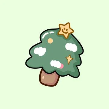 Adorable green pine tree with snow and smiling star topper in doodle style. Stock Illustration