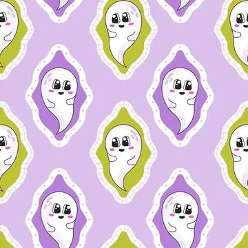 Adorable halloween seamless pattern with ghost characters portrait in frame Ilustración de archivo