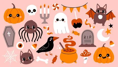 Adorable Halloween vector elements set including a cute smiling pumpkin, a Stock Illustration