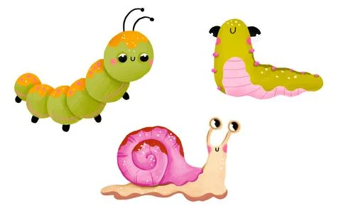 Adorable hand-drawn crawling insects set featuring a cute green caterpillar.. Stock Illustration