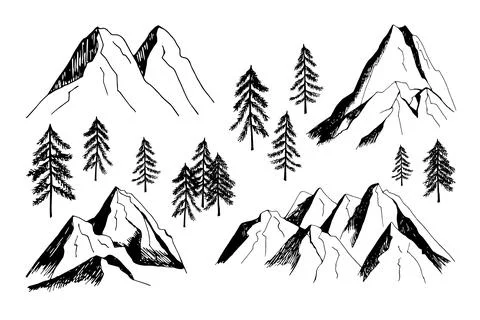 Adorable hand drawn vector mountain and trees clip art. Isolated on white b.. Illustrazione stock