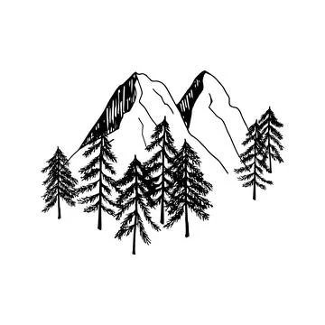 Adorable hand drawn vector mountain and trees clip art. Isolated on white b.. Stock Illustration