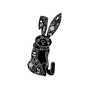 Adorable hare or wild rabbit sitting in flowers, hand drawn in linocut style Stock Illustration