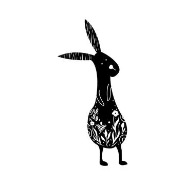 Adorable hare or wild rabbit sitting in flowers, hand drawn in linocut style Illustrazione stock