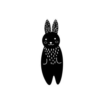 Adorable hare or wild rabbit sitting in flowers, hand drawn in linocut style Stock Illustration