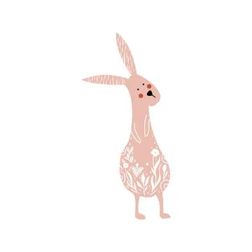Adorable hare or wild rabbit sitting in flowers, hand drawn in linocut style Stock Illustration