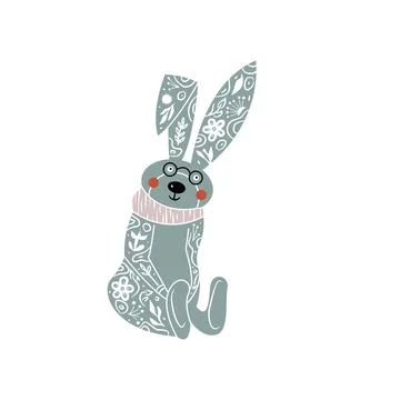 Adorable hare or wild rabbit sitting in flowers, hand drawn in linocut style Stock Illustration