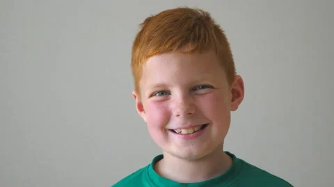 Adorable kid looking into camera with joyful smile indoor. Portrait of happy boy Stock Footage 104218018