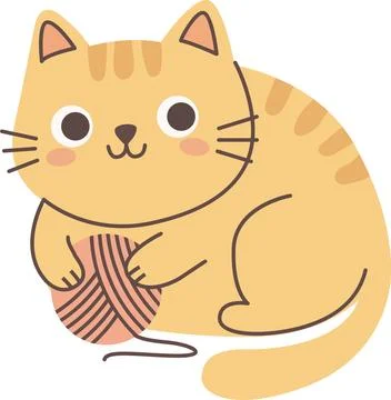 Adorable kitten having fun with yarn in simple flat cartoon design. PNG Stock Illustration