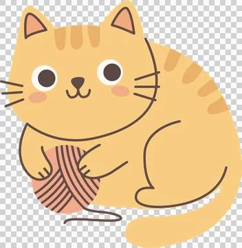 Adorable kitten having fun with yarn in simple flat cartoon design. PNG Stock Illustration