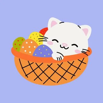 Adorable Kitten Snuggled in Easter Basket with Colorful Eggs Stock-Illustration