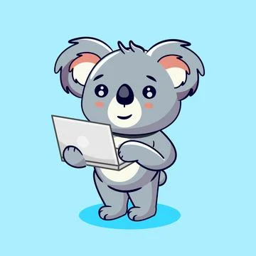 : Adorable Koala Character Using Laptop Stock Illustration