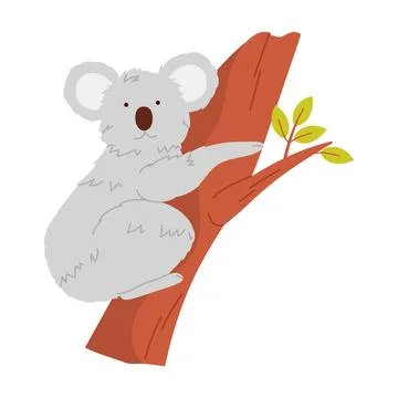 Adorable Koala Climbing a Tree Branch Surrounded by Lush Green Leaves and Stock Illustration