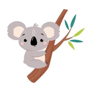 Adorable Koala Sitting on Eucalyptus Tree, Lovely Australian Animal Cartoon 스톡 일러스트