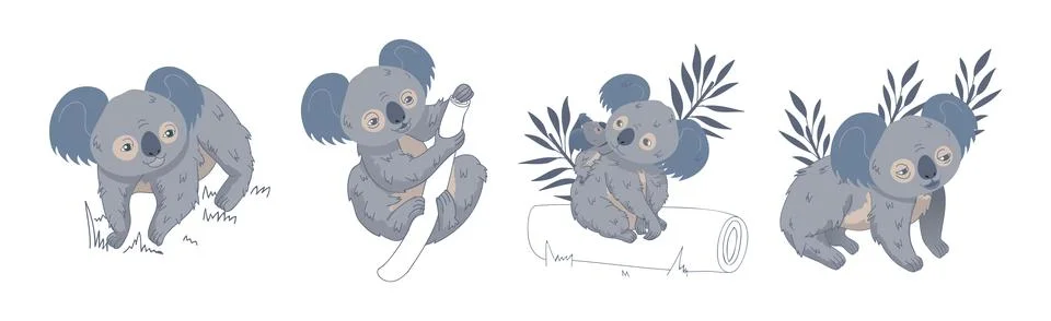 Adorable Koala in Various Pose with Tree Trunk Vector Set Stock Illustration