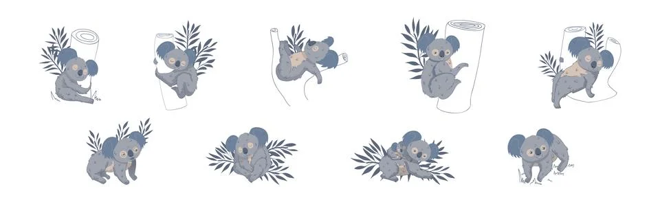 Adorable Koala in Various Pose with Tree Trunk Vector Set Stock Illustration