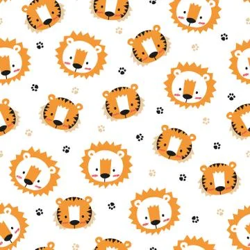 Adorable lion and tiger pattern on white background Stock Illustration