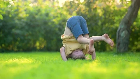 Adorable little boy having fun outdoors in a backyard on sunny summer day. Vidéo 276868635