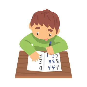 Adorable Little Boy Learning to Write, Elementary School Student Writing English Stock Illustration