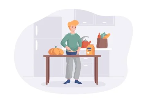 Adorable man cooking on kitchen table. Cartoon male character making lunch or Stock Illustration
