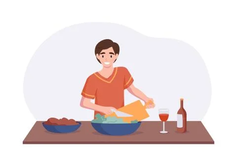 Adorable man cooking on kitchen table. Cartoon male character making salad for Stock Illustration