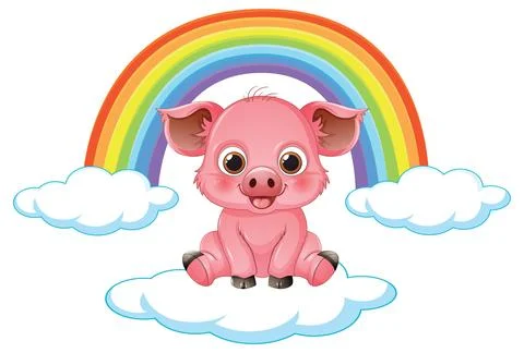 Adorable Pink Pig Sitting on Clouds Under a Colorful Rainbow Stock Illustration