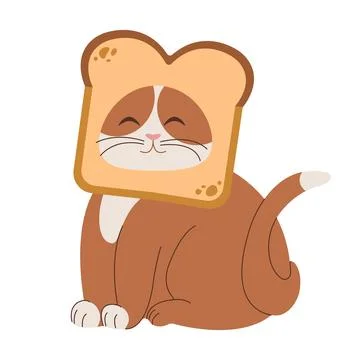 Adorable plump cat with slice of bread on his head. Funny cute pets. Cartoon  イラスト素材