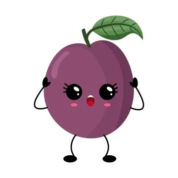 Adorable plump plum with leaf, surprised expression Stock Illustration