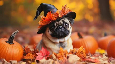 Adorable pug in a witch hat surrounded by pumpkins and autumn leaves during Stock Photos