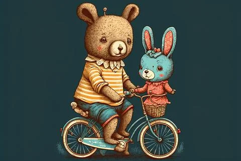 Adorable rabbit and bear riding a bicycle. Figure from a circus show. T shirt Stock Illustration