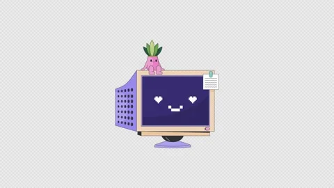 Adorable retro computer with pixel heart eyes and succulent 2D cartoon Stock Footage 347809052